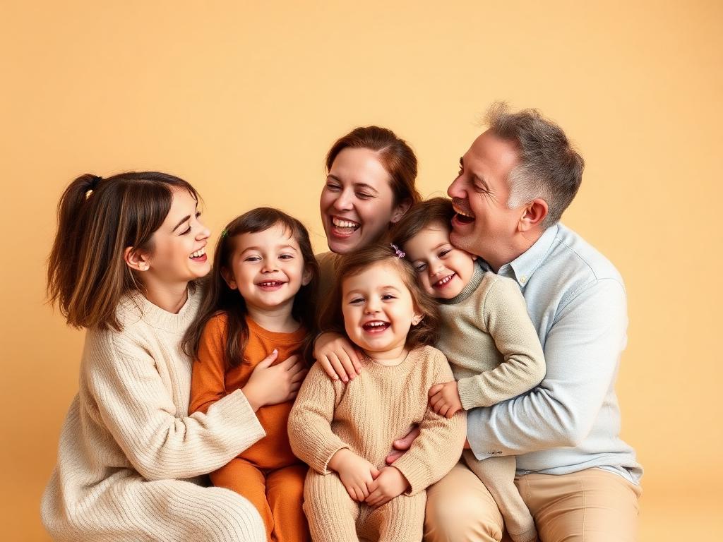 Family laughing together during a studio portrait session