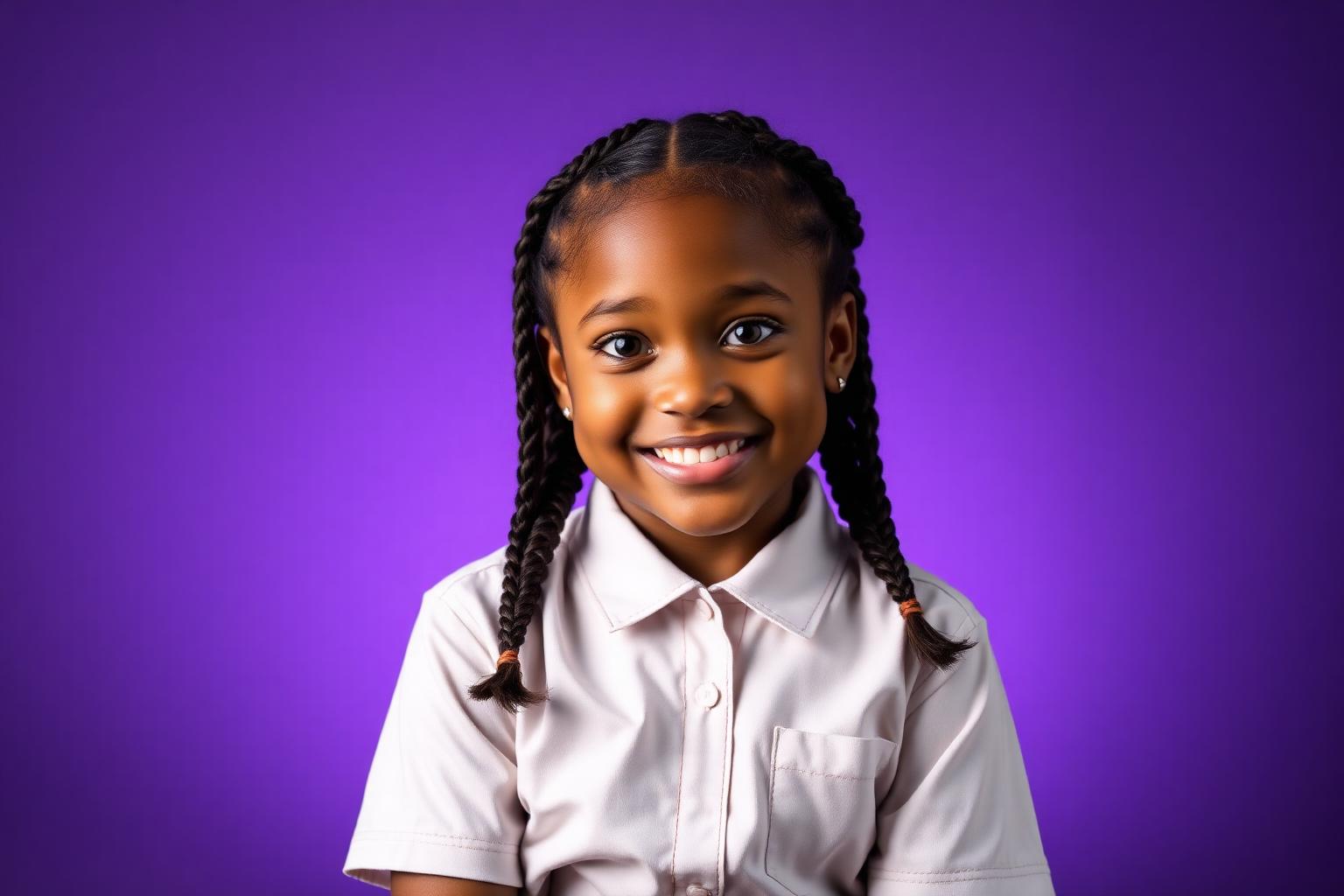 Smiling student in front of a purple studio backdrop
